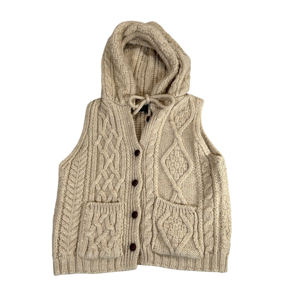 John Branigan Ireland Wool Alpaca Hooded Cable Knit Vest Beige Small
